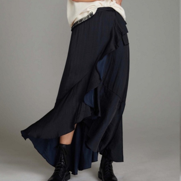 Maeve by Anthropologie Ruffled Wrap Maxi Skirt Black/Blue Size Medium NWT - Picture 1 of 9